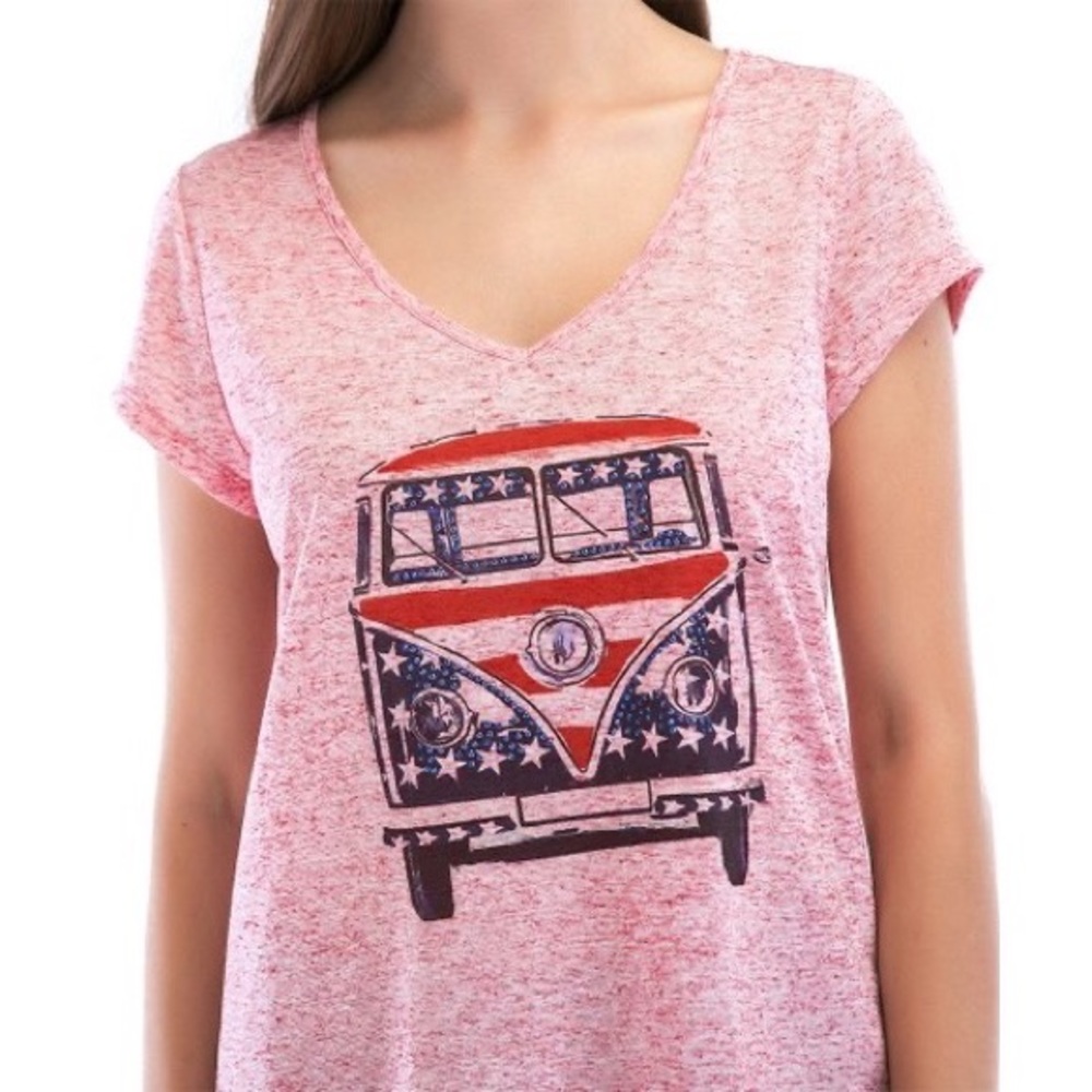 Unity World Wear NWT Marled Embellished VW Bus V-Neck Short Sleeve Patriotic Top